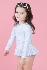 RuffleButts Scalloped L/s Rash Guard 2pc Periwinkle Blue Butterfly Garden Toile