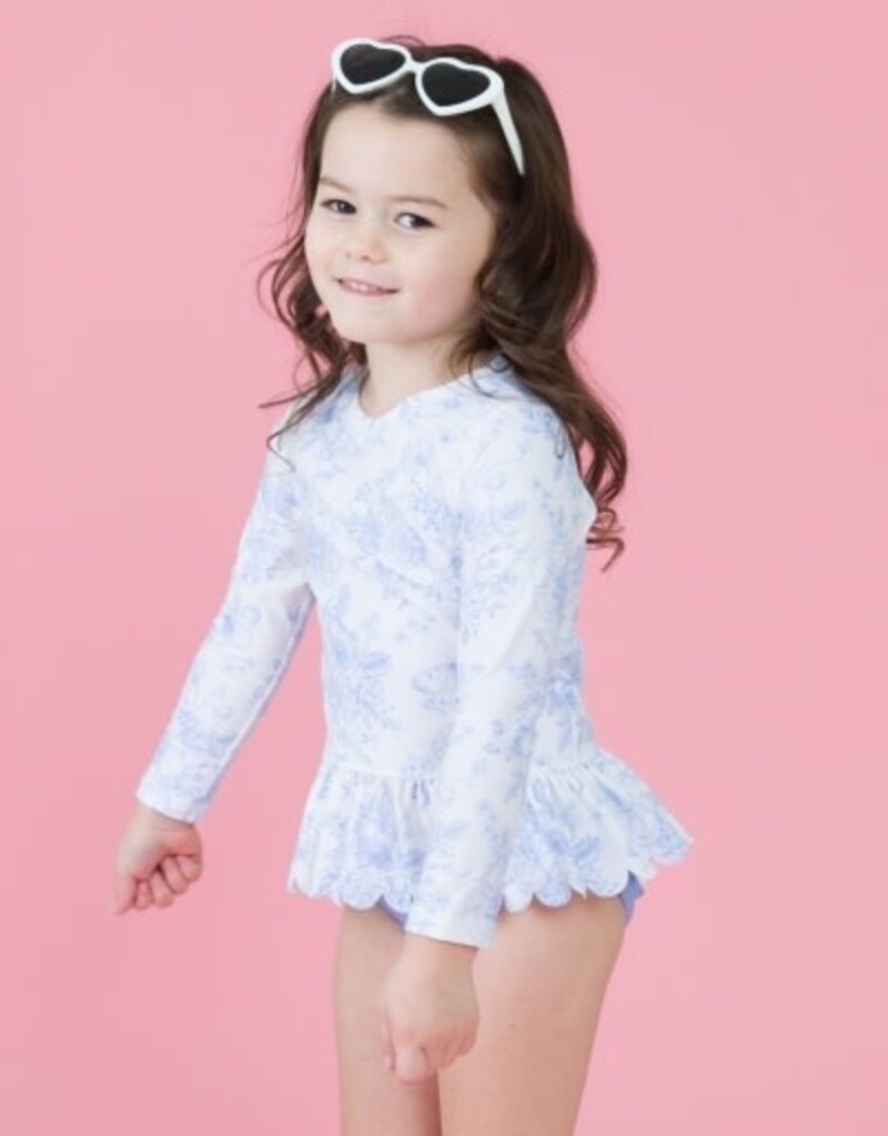 RuffleButts Scalloped L/s Rash Guard 2pc Periwinkle Blue Butterfly Garden Toile