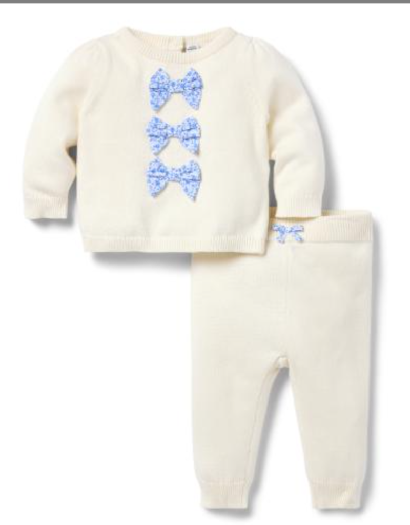 Janie and Jack Ivory Blue Ditsy Bow Sweater Pant Set Ivory