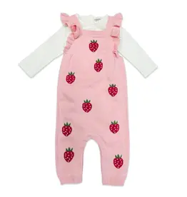 Viverano Strawberry Jacquard Knit Ruffle Overall Set Pink