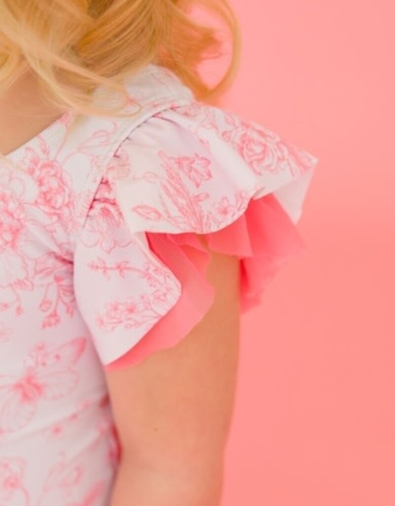 RuffleButts Butterfly Sleeve 1 Pc Bubblegum Pink Butterfly Garden Toile