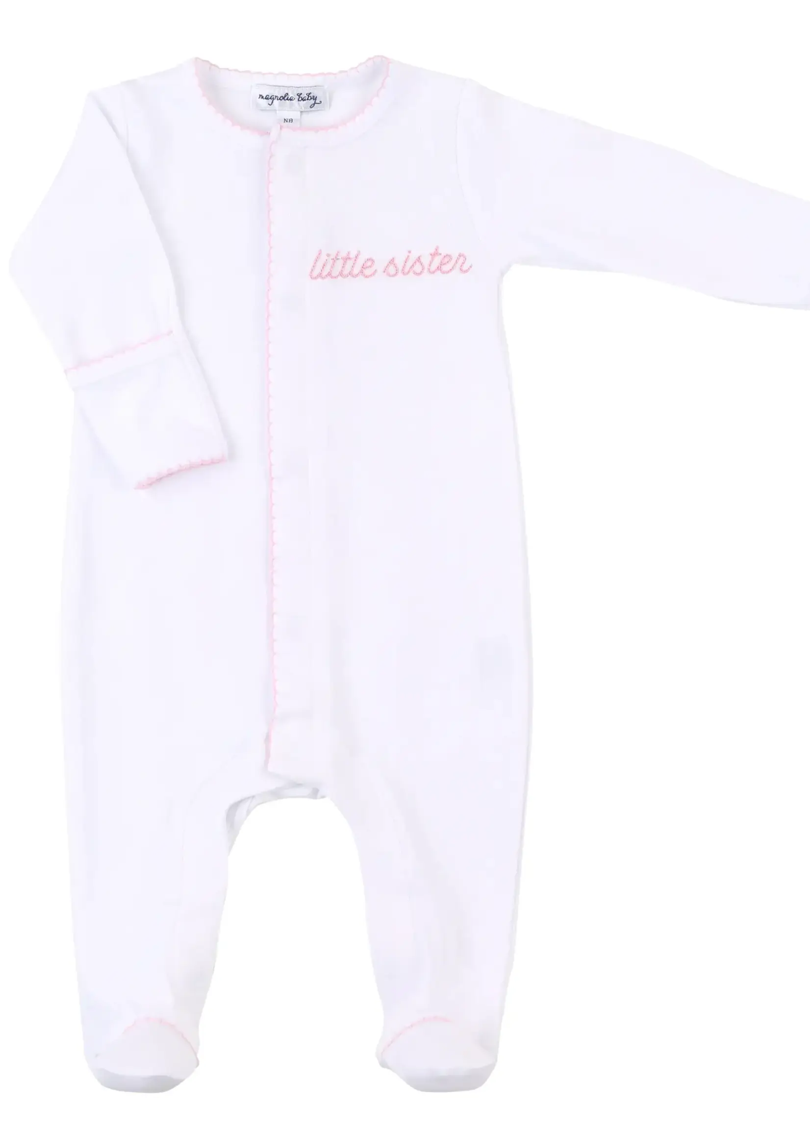 Magnolia Baby Little Sister Embroidered Footie Pink