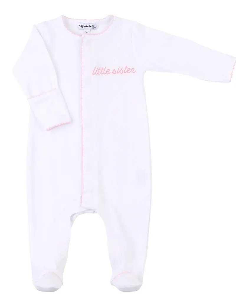 Magnolia Baby Little Sister Embroidered Footie Pink