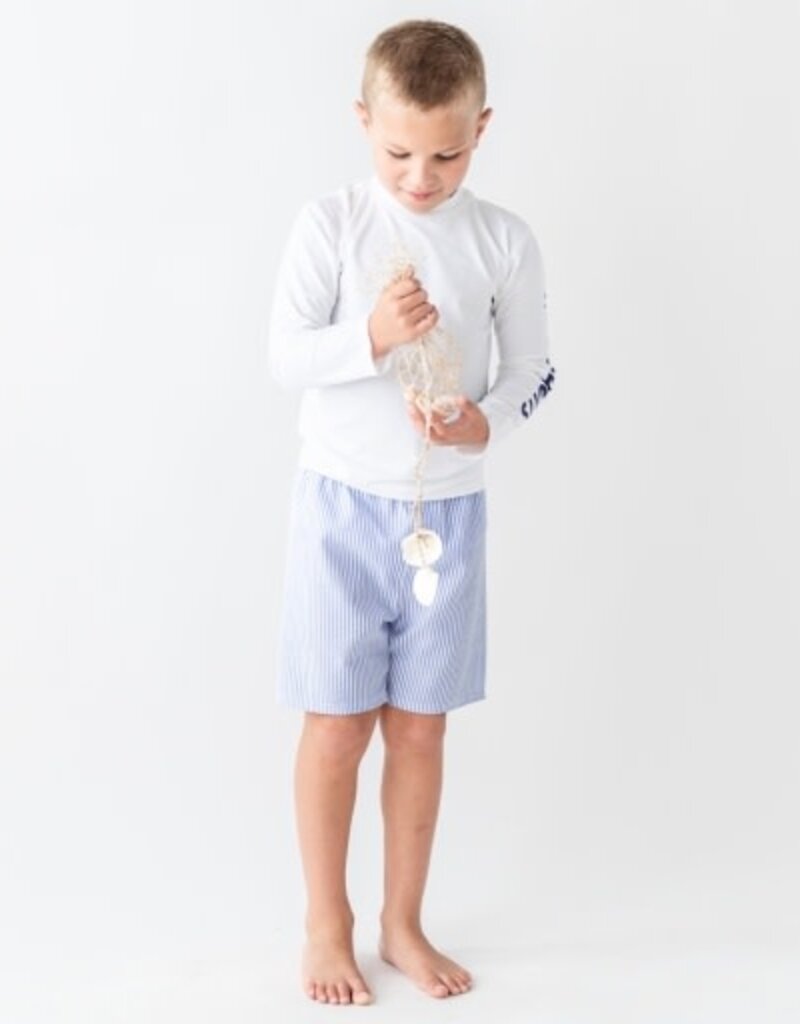 RuffleButts Swim Trunks Periwinkle Blue Seersucker