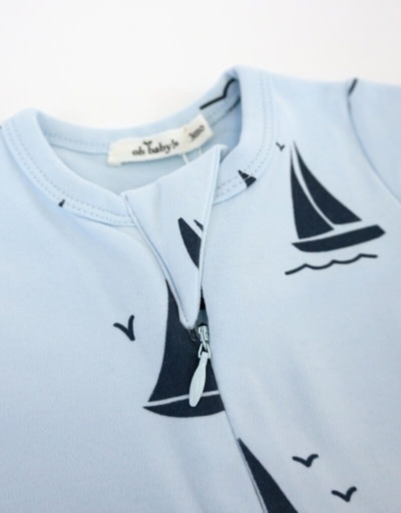 oh baby! Denim Sailboat Print Zipper Footie Sky Blue