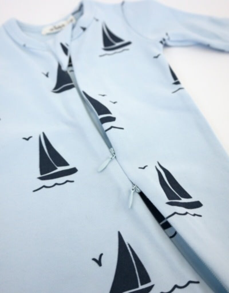 oh baby! Denim Sailboat Print Zipper Footie Sky Blue