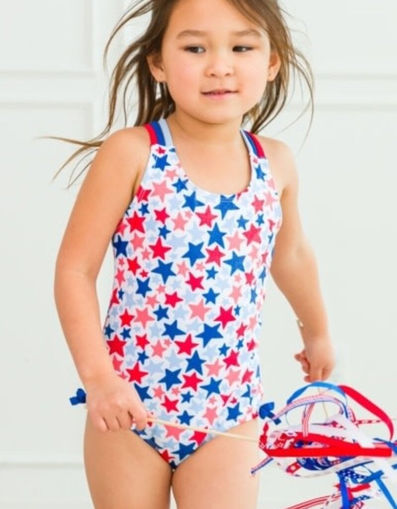 RuffleButts Cross Back One Piece Shimmer Star Spangled