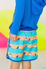 RuffleButts Dolphin Hem Swim Trunks Neon Sharks Stripes
