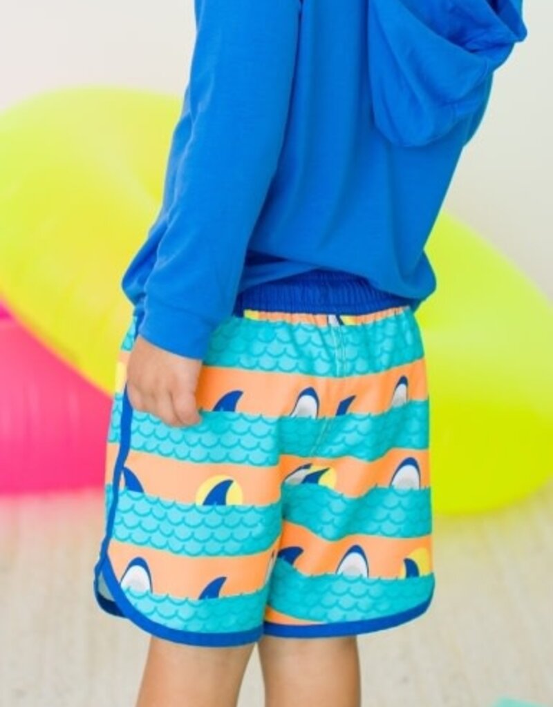RuffleButts Dolphin Hem Swim Trunks Neon Sharks Stripes