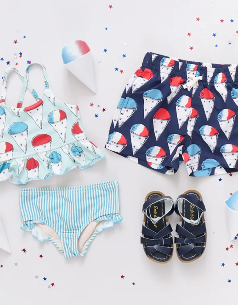 Pink Chicken swim trunk navy snow cones