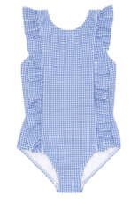 Minnow girls blue micro gingham ruffle one piece