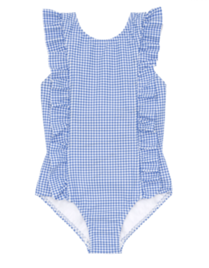 Minnow girls blue micro gingham ruffle one piece