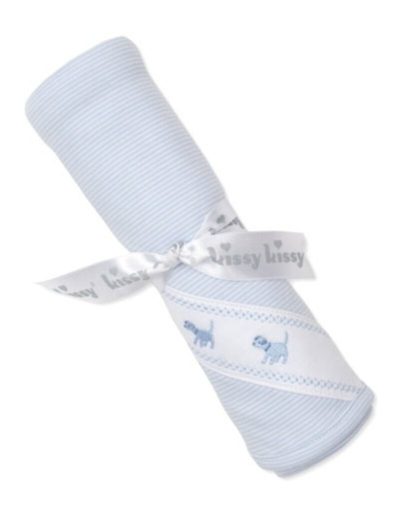 Kissy Kissy Blanket Lt Blue Stripe w/Dog Applique