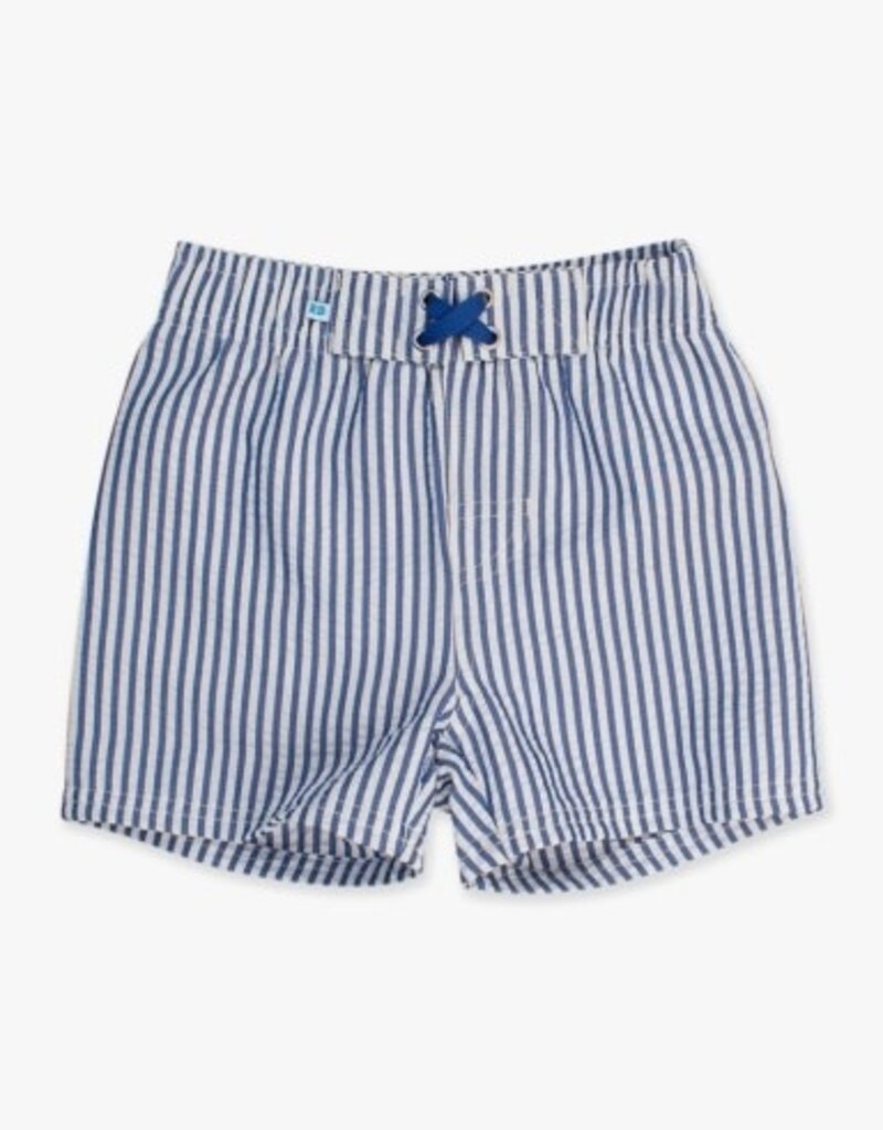 RuffleButts Swim Trunks Blue Seersucker