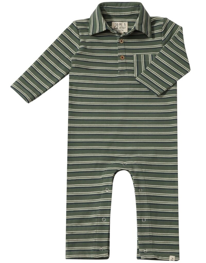 Me & Henry Kingston Green Double Stripe Polo Romper