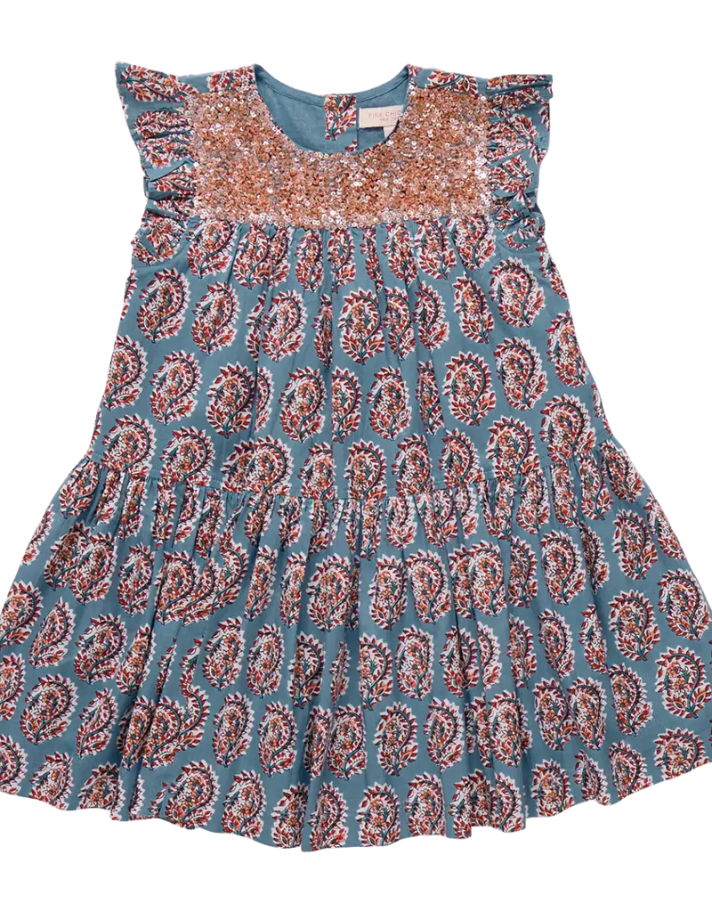 Pink Chicken fiona ruffle dress blue paisley
