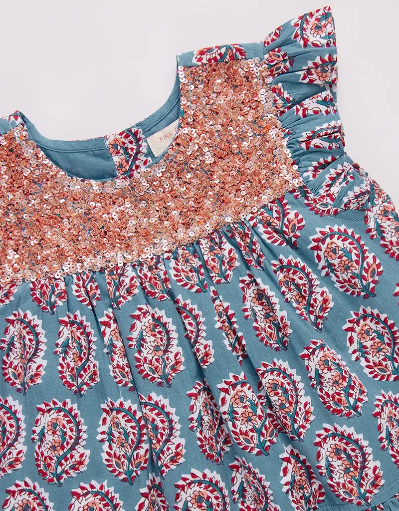 Pink Chicken fiona ruffle dress blue paisley