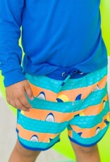 RuffleButts Dolphin Hem Swim Trunks Neon Sharks Stripes