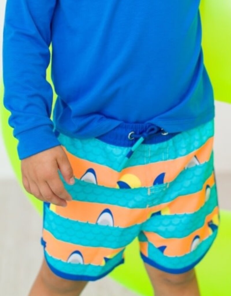 RuffleButts Dolphin Hem Swim Trunks Neon Sharks Stripes