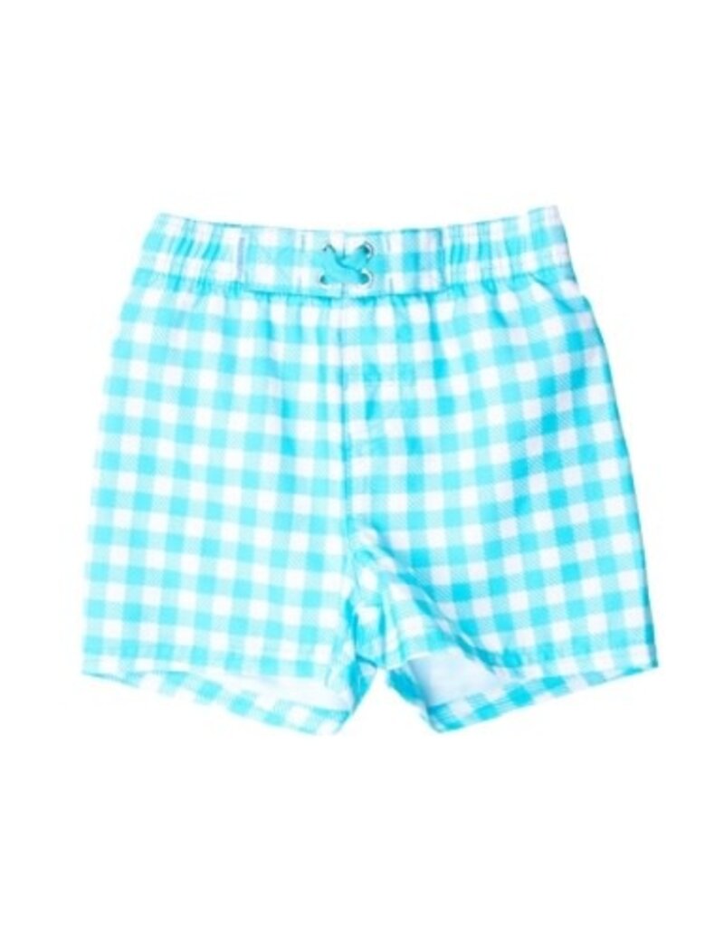 RuffleButts Swim Trunks Bright Aqua Gingham