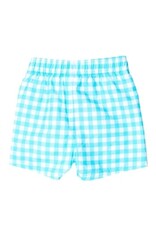 RuffleButts Swim Trunks Bright Aqua Gingham
