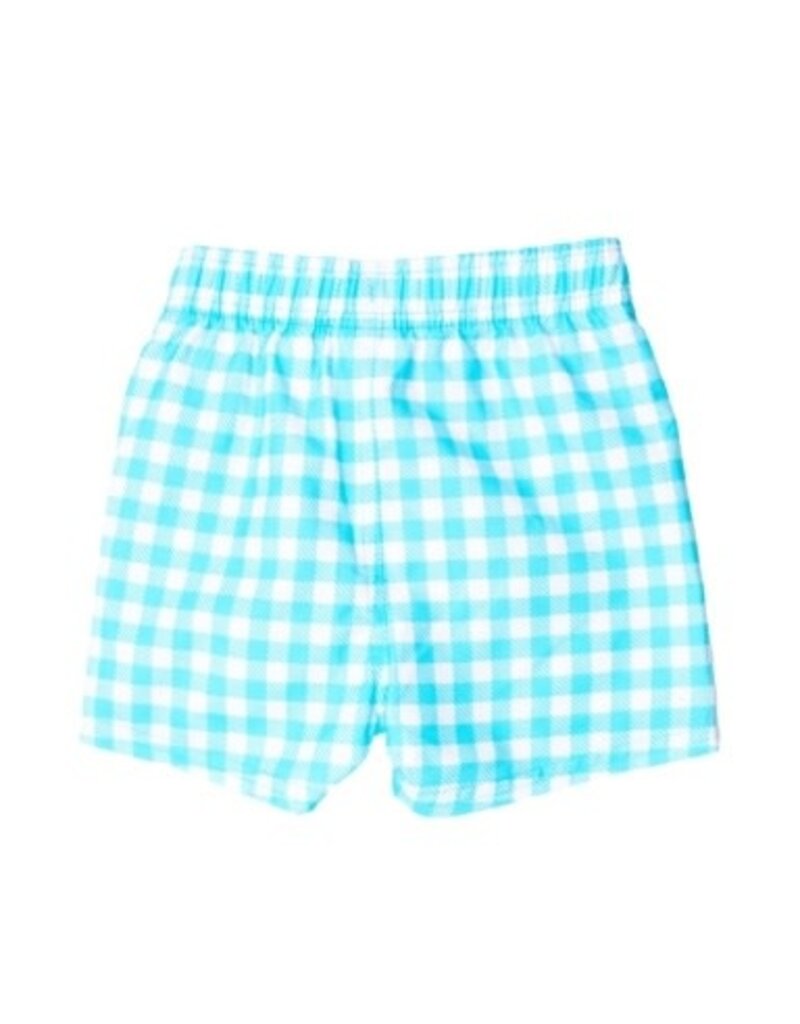 RuffleButts Swim Trunks Bright Aqua Gingham
