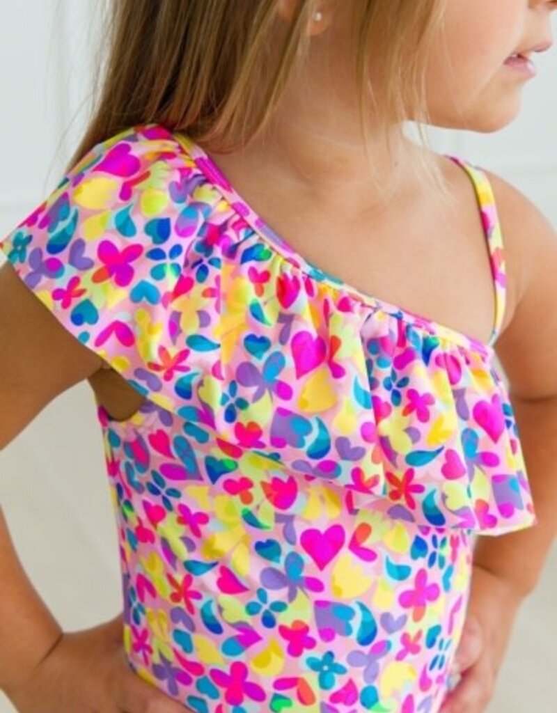 RuffleButts One Shoulder Ruffle 1 Pc Vibrant Neon