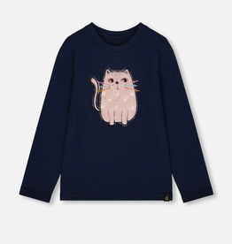 Deux par Deux Organic Cotton T-Shirt Dark Blue w/Cat
