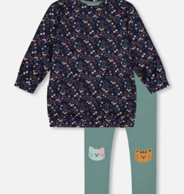 Deux par Deux Tunic Leggings Set Navy Floral Cat Print