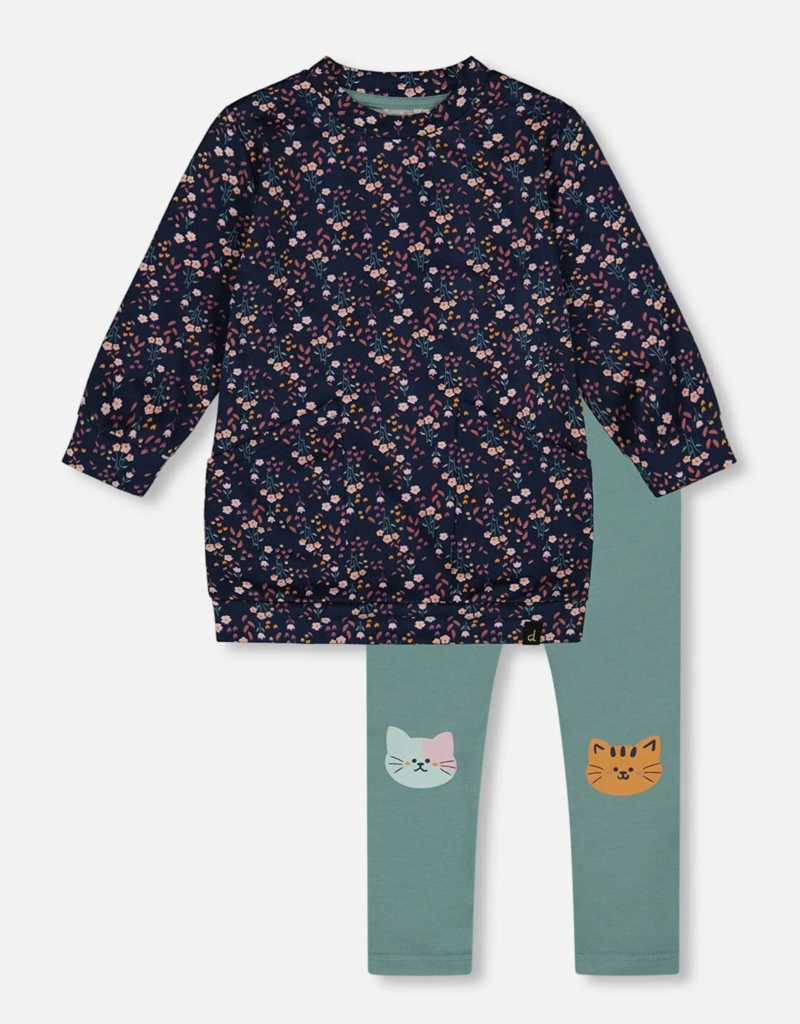 Deux par Deux Tunic Leggings Set Navy Floral Cat Print