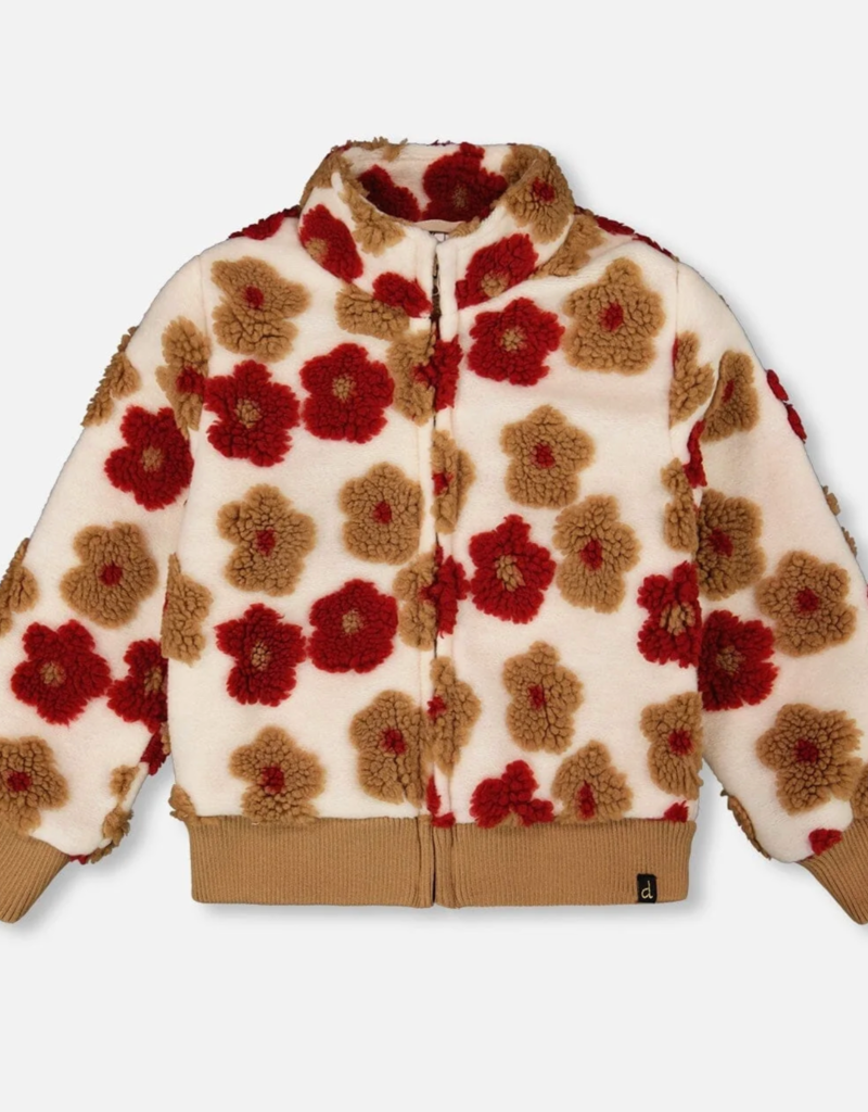 Deux par Deux Full Zip Sherpa Jacket w/Jacquard Floral Pattern
