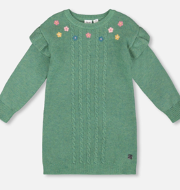 Deux par Deux Knitted Dress Sage Green w/Ruffles Floral Embroidery