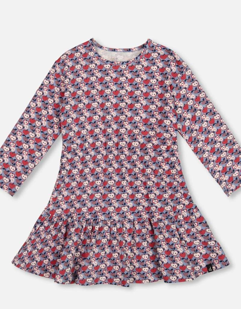 Deux par Deux Organic Cotton Dress w/Flounce Hem Blue Apple Print
