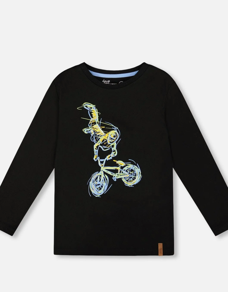 Deux par Deux L/S Cotton Jersey Tee Black Biker Print