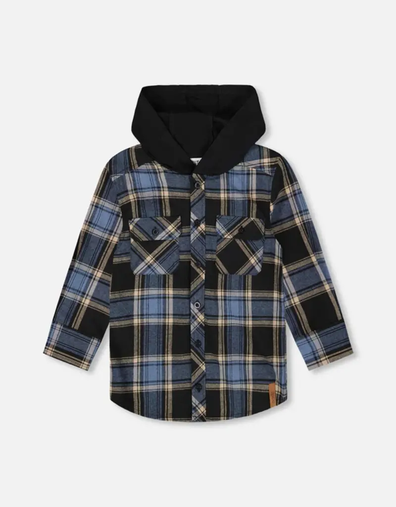 Deux par Deux Blue/Black Plaid Flannel Shirt w/Hood