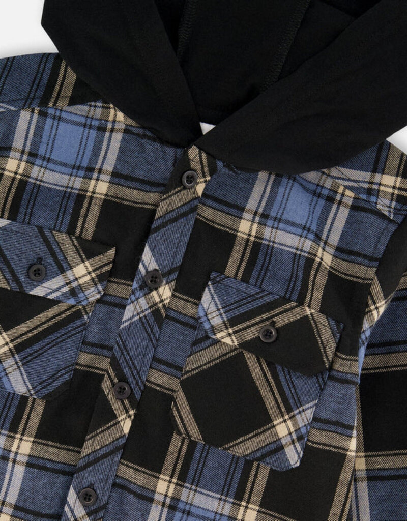 Deux par Deux Blue/Black Plaid Flannel Shirt w/Hood