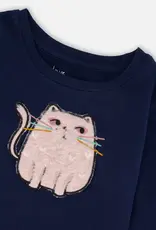 Deux par Deux Organic Cotton T-Shirt Dark Blue w/Cat