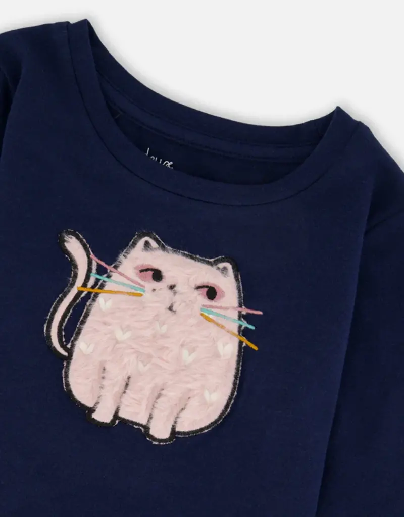 Deux par Deux Organic Cotton T-Shirt Dark Blue w/Cat