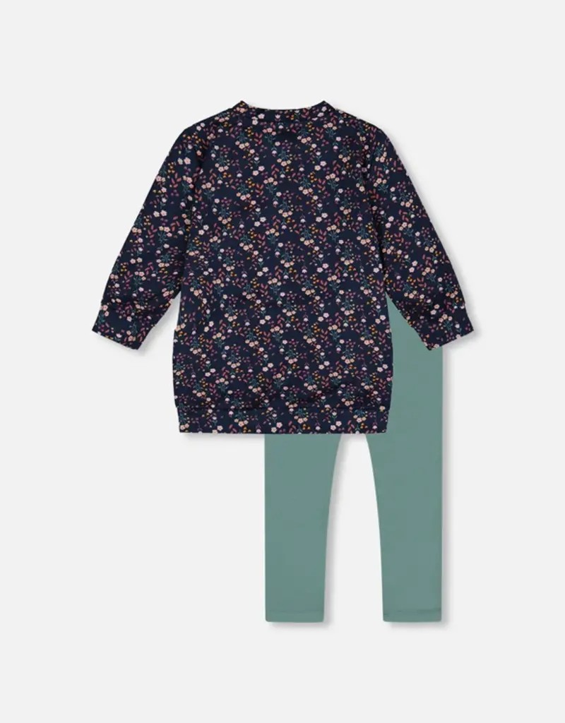 Deux par Deux Tunic Leggings Set Navy Floral Cat Print