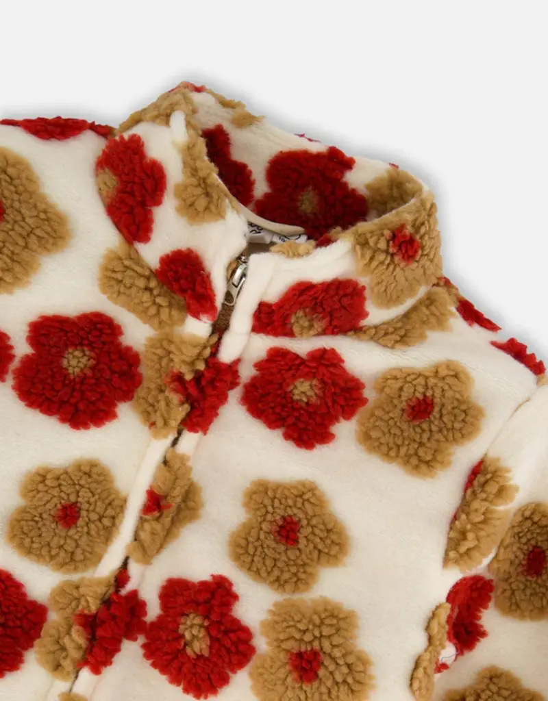 Deux par Deux Full Zip Sherpa Jacket w/Jacquard Floral Pattern