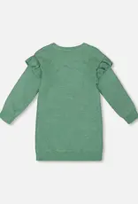 Deux par Deux Knitted Dress Sage Green w/Ruffles Floral Embroidery