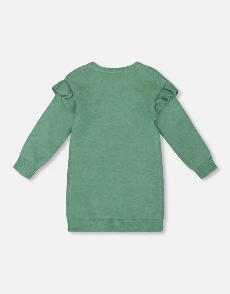 Deux par Deux Knitted Dress Sage Green w/Ruffles Floral Embroidery