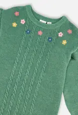 Deux par Deux Knitted Dress Sage Green w/Ruffles Floral Embroidery