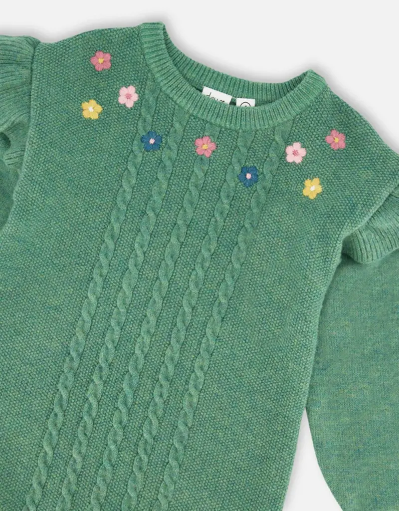 Deux par Deux Knitted Dress Sage Green w/Ruffles Floral Embroidery