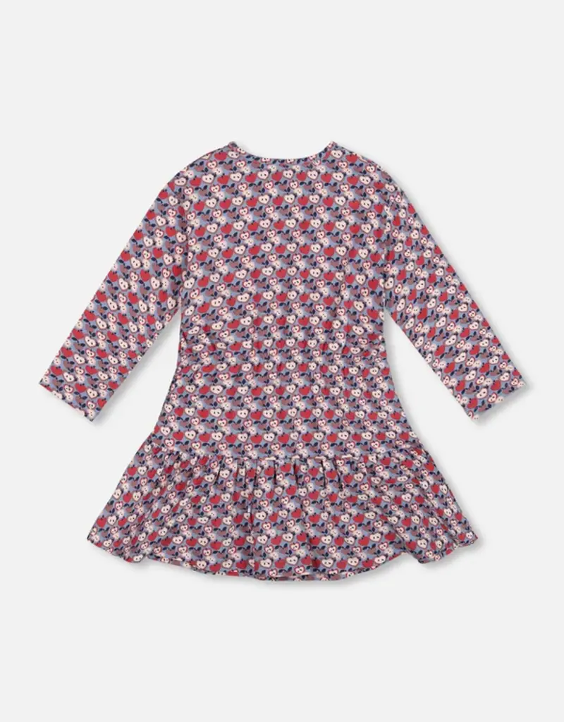 Deux par Deux Organic Cotton Dress w/Flounce Hem Blue Apple Print