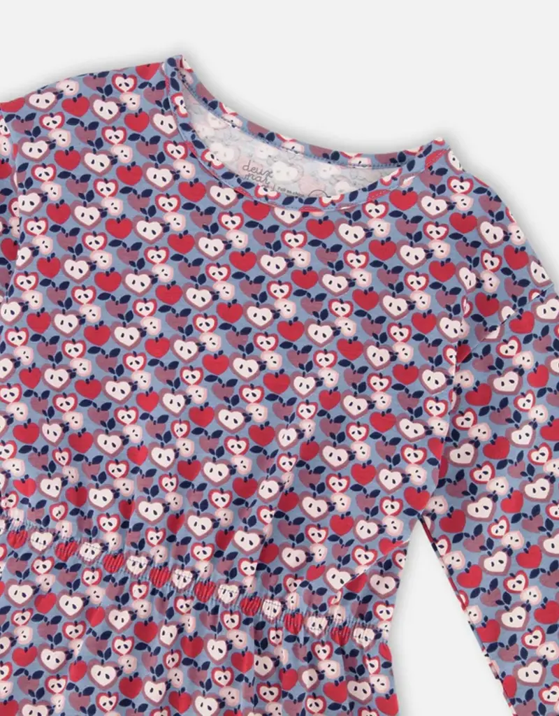 Deux par Deux Organic Cotton Dress w/Flounce Hem Blue Apple Print