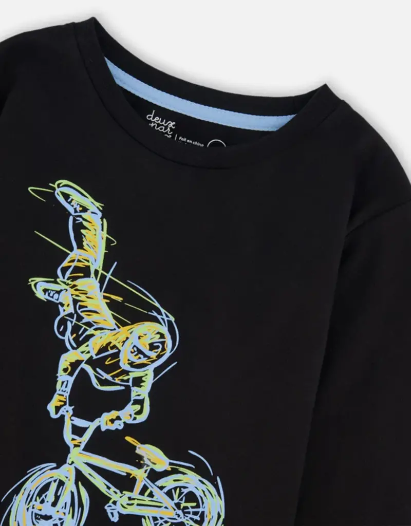 Deux par Deux L/S Cotton Jersey Tee Black Biker Print