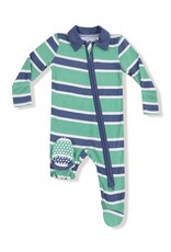 Angel Dear Rugby Stripe Green and Navy Polo 2 Way Zipper Footie