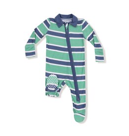 Angel Dear Rugby Stripe Green and Navy Polo 2 Way Zipper Footie