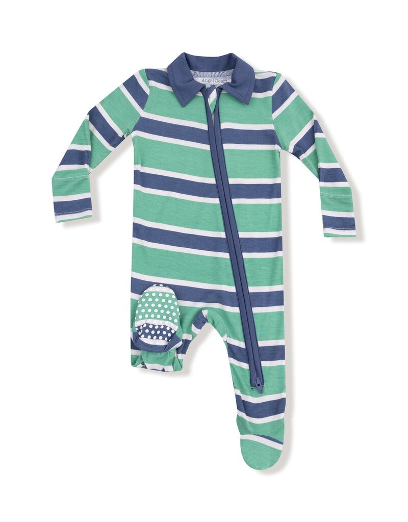 Angel Dear Rugby Stripe Green and Navy Polo 2 Way Zipper Footie